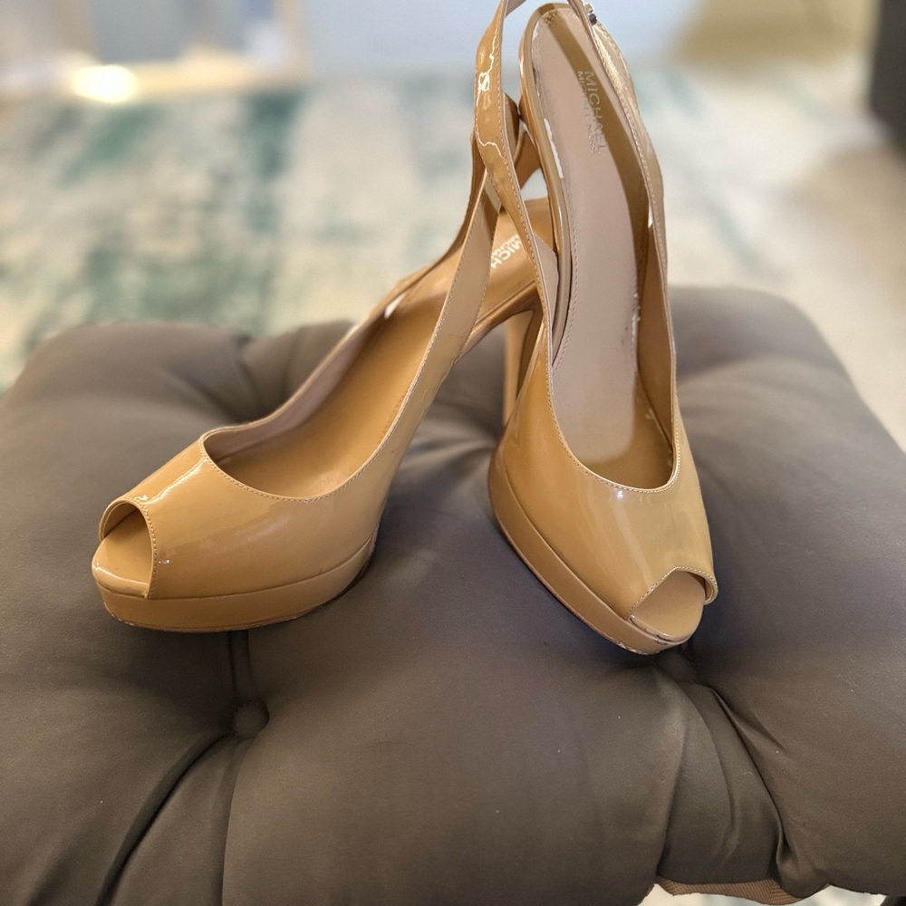 Michael Kors Tan Patent Peep-Toe Heels